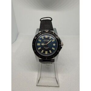 Citizen Mens Automatic Watch 150m Black Dial Stainless Steel Case Leather Strap